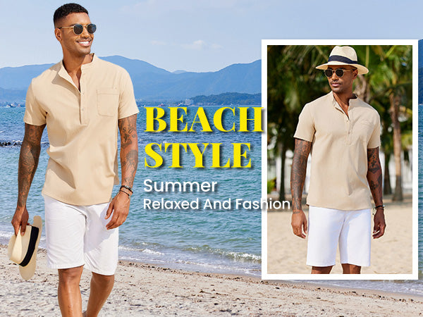 COOFANDY Men's Casual Henley Shirt Short Sleeve Summer Beach Band Collar Shirt Hippie Henley T-Shirts with Pocket