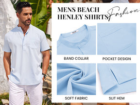 COOFANDY Men's Casual Henley Shirt Short Sleeve Summer Beach Band Collar Shirt Hippie Henley T-Shirts with Pocket