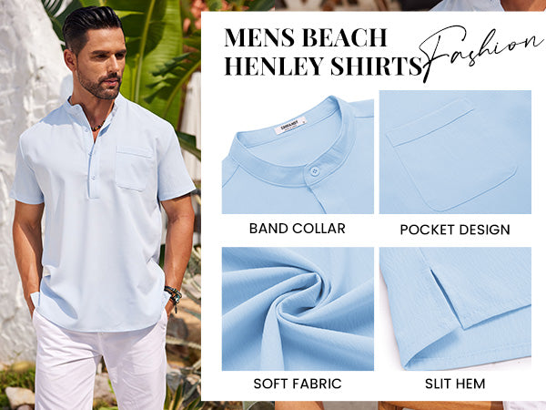 COOFANDY Men's Casual Henley Shirt Short Sleeve Summer Beach Band Collar Shirt Hippie Henley T-Shirts with Pocket