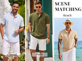 COOFANDY Men's Casual Henley Shirt Short Sleeve Summer Beach Band Collar Shirt Hippie Henley T-Shirts with Pocket