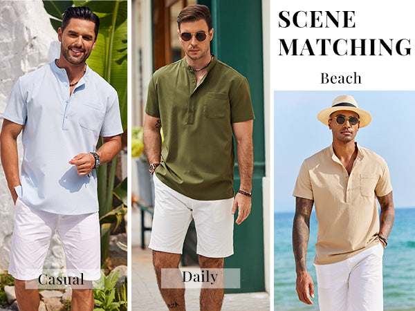 COOFANDY Men's Casual Henley Shirt Short Sleeve Summer Beach Band Collar Shirt Hippie Henley T-Shirts with Pocket