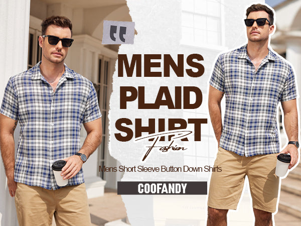 COOFANDY Mens Short Sleeve Button Down Shirt Plaid Button Up Shirts Casual 75% Cotton Work Shirts