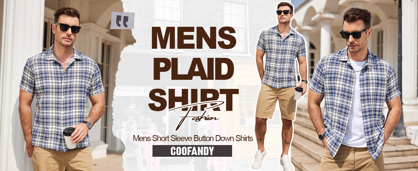 COOFANDY Mens Short Sleeve Button Down Shirt Plaid Button Up Shirts Casual 75% Cotton Work Shirts
