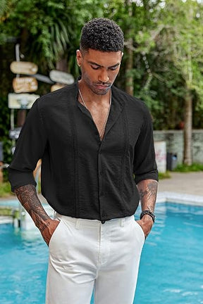 COOFANDY Men's Cuban Guayabera Shirts Casual Long Sleeve Button Down Shirts Band Collar Linen Summer Beach Shirts