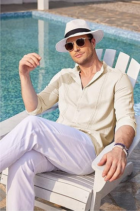 COOFANDY Men's Cuban Guayabera Shirts Casual Long Sleeve Button Down Shirts Band Collar Linen Summer Beach Shirts