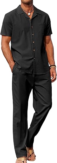 COOFANDY Men 2 Piece Linen Outfit Beach Button Down Shirt Casual Loose Pant Sets