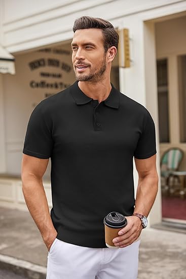 COOFANDY Mens Knit Polo Shirts Casual Short Sleeve Button Down Polo Shirt Classic Golf Shirts