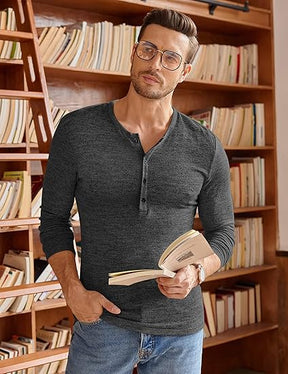 COOFANDY Men's 2Pack Slim Fit Henley Shirts Long Sleeve Lightweight Fashion Casual Cotton Basic T Shirts