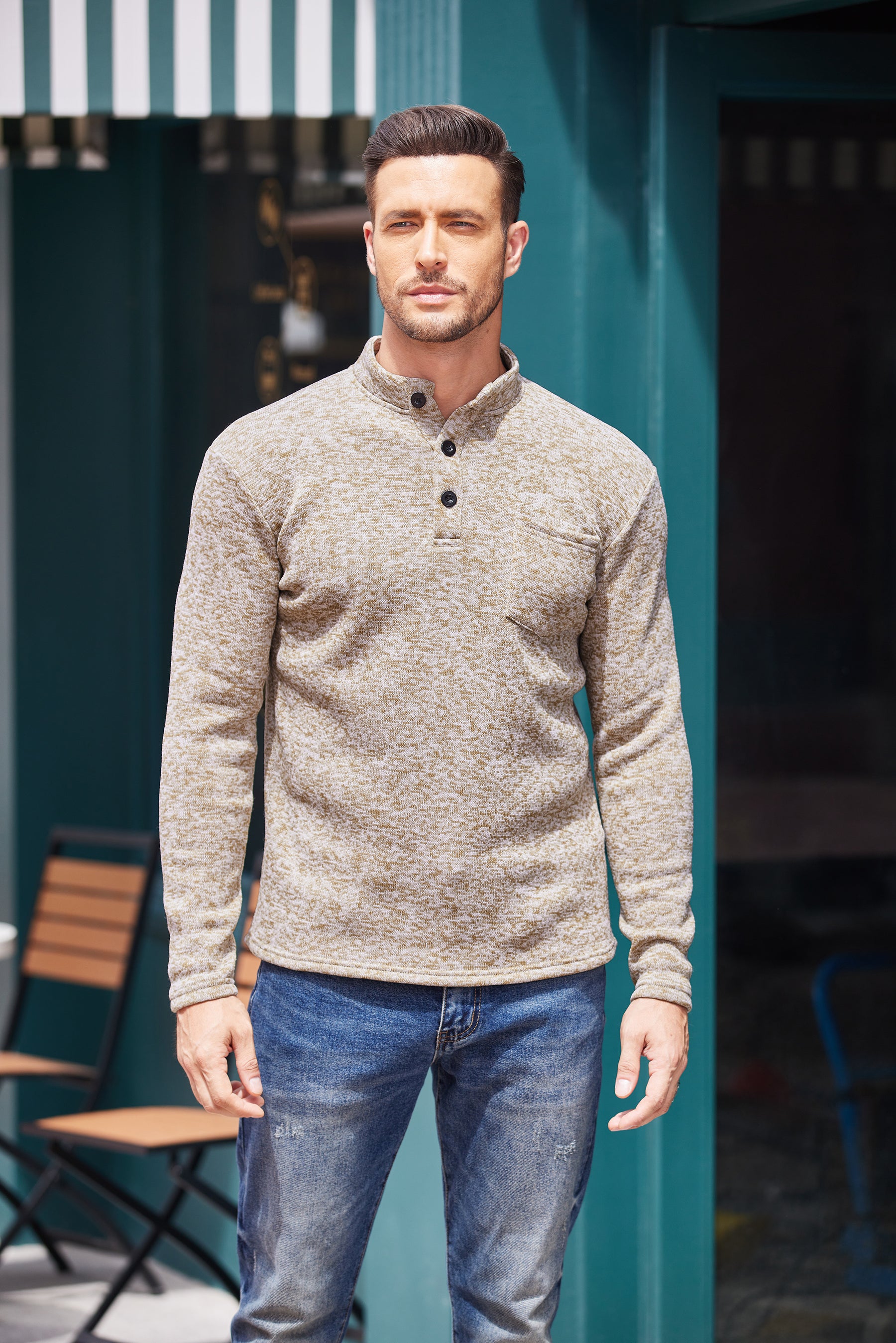 COOFANDY Men's Casual Henley Pullover Thermal Fleece Slim Fit Sweater