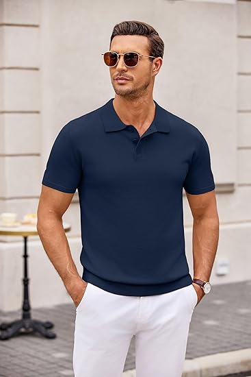 COOFANDY Mens Knit Polo Shirts Casual Short Sleeve Button Down Polo Shirt Classic Golf Shirts