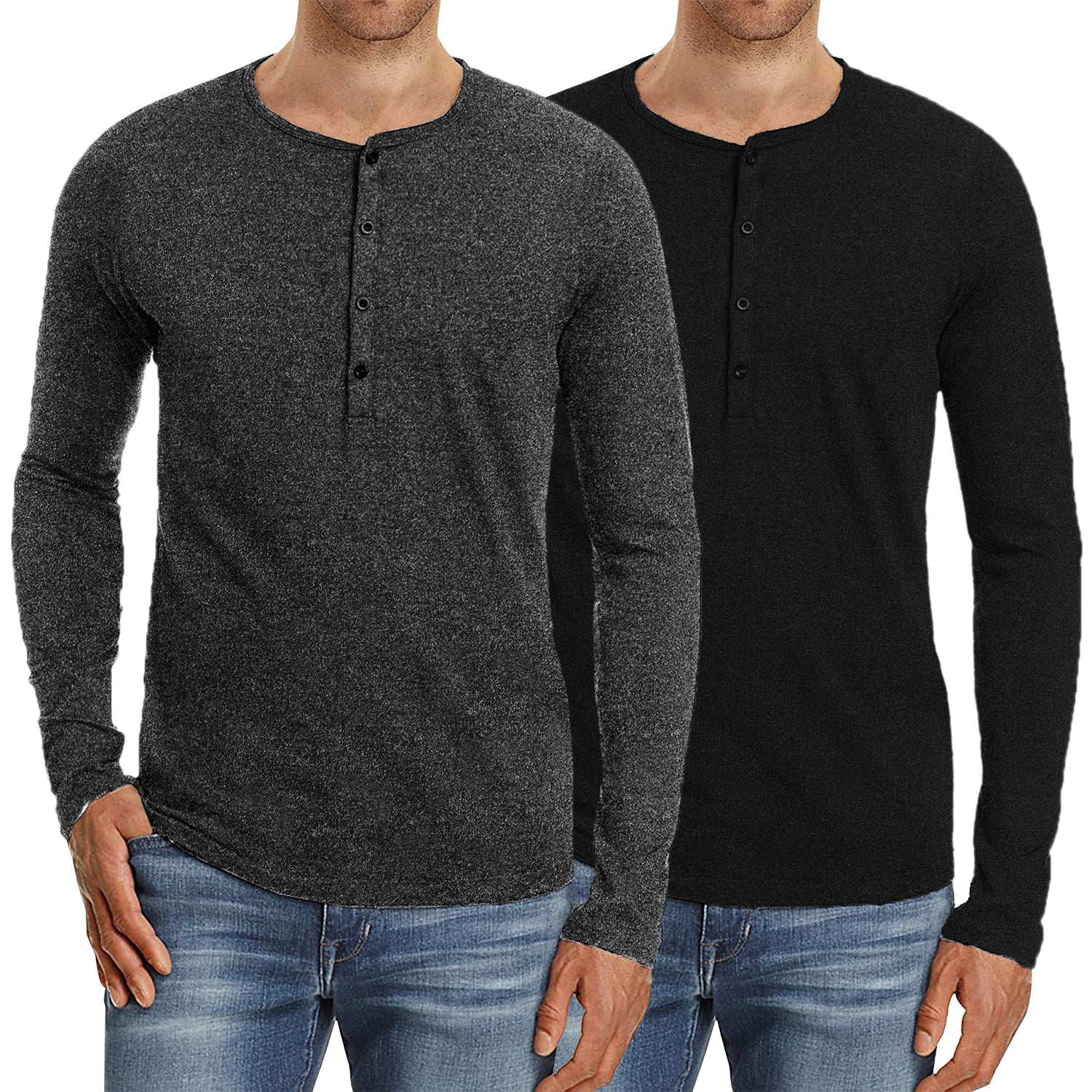 COOFANDY Men's 2Pack Slim Fit Henley Shirts Long Sleeve Lightweight Fashion Casual Cotton Basic T Shirts
