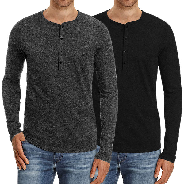 COOFANDY Men's 2Pack Slim Fit Henley Shirts Long Sleeve Lightweight Fashion Casual Cotton Basic T Shirts
