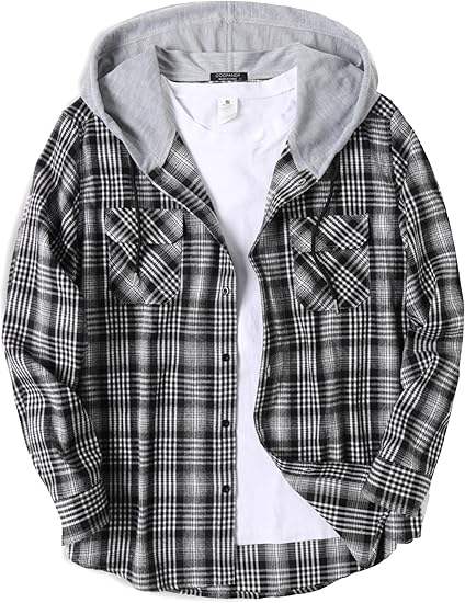 COOFANDY Men's Plaid Hoodie Flannel Shirt Jacket Long Sleeve Casual Fashion Button Shirts
