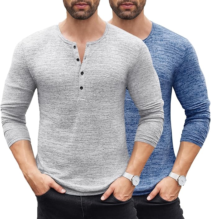 COOFANDY Men's 2Pack Slim Fit Henley Shirts Long Sleeve Lightweight Fashion Casual Cotton Basic T Shirts