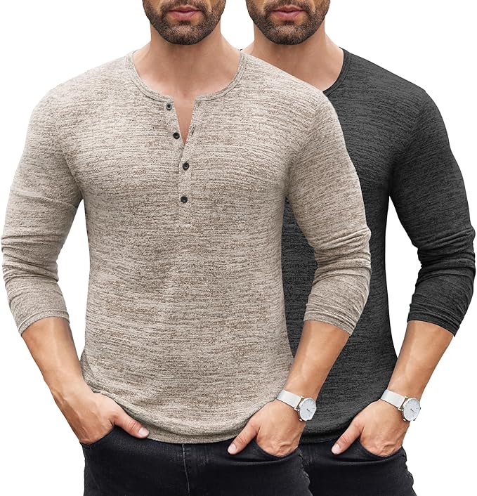 COOFANDY Men's 2Pack Slim Fit Henley Shirts Long Sleeve Lightweight Fashion Casual Cotton Basic T Shirts