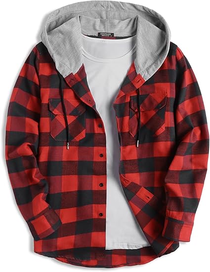 COOFANDY Men's Plaid Hoodie Flannel Shirt Jacket Long Sleeve Casual Fashion Button Shirts