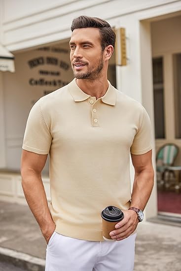 COOFANDY Mens Knit Polo Shirts Casual Short Sleeve Button Down Polo Shirt Classic Golf Shirts