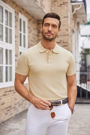 COOFANDY Mens Knit Polo Shirts Casual Short Sleeve Button Down Polo Shirt Classic Golf Shirts