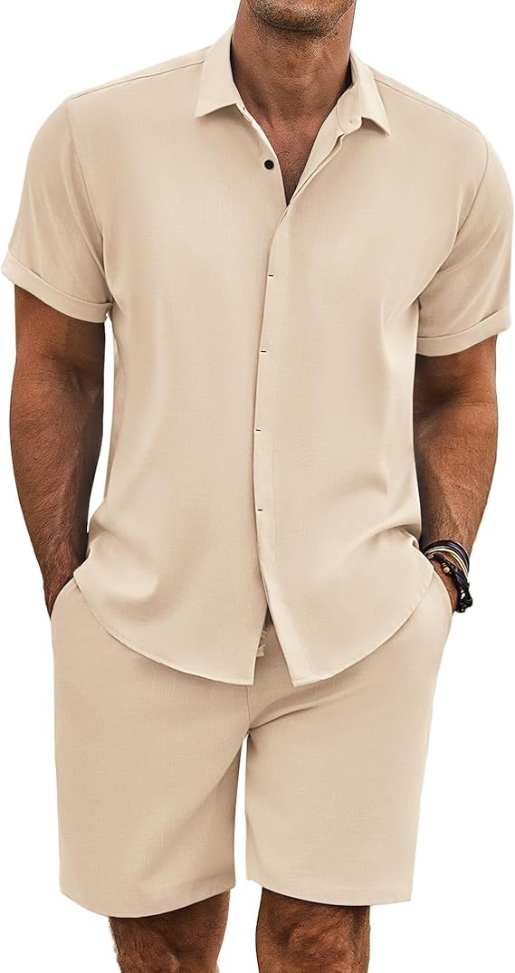 COOFANDY Men's Summer Beach Outfits 2 Piece Short Sleeve Shirts and Shorts Vacation Texture Linen Sets for Men