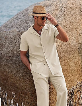 COOFANDY Men 2 Piece Linen Outfit Beach Button Down Shirt Casual Loose Pant Sets