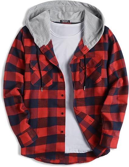 COOFANDY Men's Plaid Hoodie Flannel Shirt Jacket Long Sleeve Casual Fashion Button Shirts
