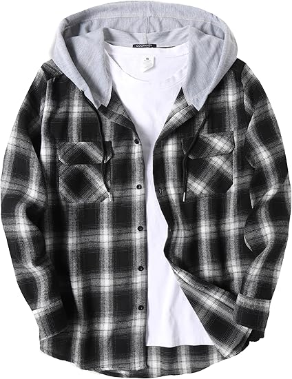 COOFANDY Men's Plaid Hoodie Flannel Shirt Jacket Long Sleeve Casual Fashion Button Shirts