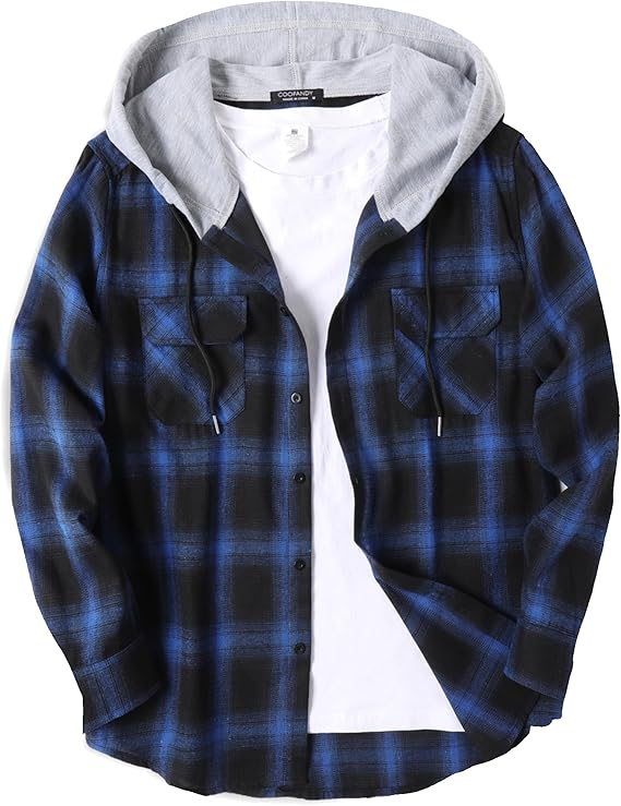 COOFANDY Men's Plaid Hoodie Flannel Shirt Jacket Long Sleeve Casual Fashion Button Shirts