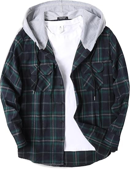COOFANDY Men's Plaid Hoodie Flannel Shirt Jacket Long Sleeve Casual Fashion Button Shirts