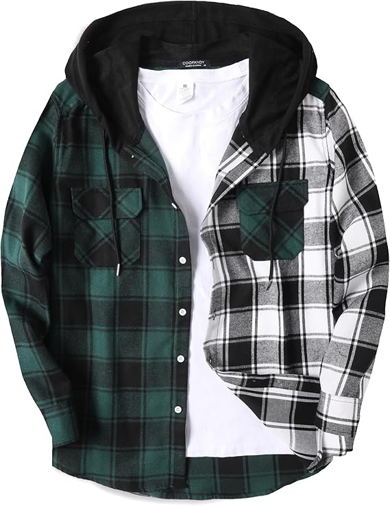 COOFANDY Men's Plaid Hoodie Flannel Shirt Jacket Long Sleeve Casual Fashion Button Shirts