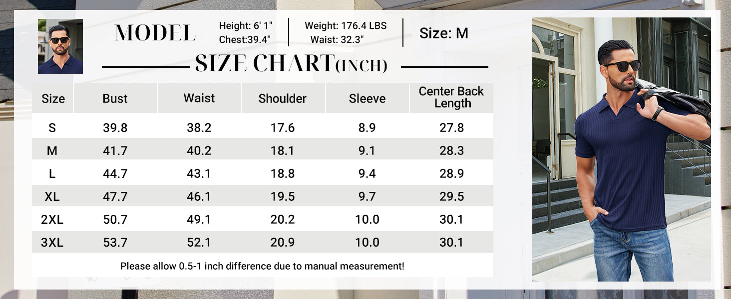 COOFANDY Men's Ribbed Polo Shirts Short Sleeve V Neck Slim Fit Polo T-Shirt Casual Summer Collared Golf Shirt