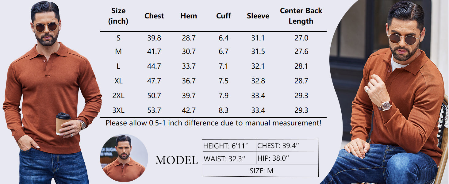 COOFANDY Mens Knit Polo Sweater Long Sleeve Polo Collared Sweaters Hidden Button Casual Pullover Sweater