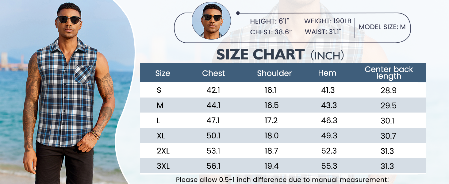 COOFANDY Mens Sleeveless Flannel Shirt Casual Summer Tank Top Button Up Sleeveless Beach Shirts with Chest Pocket
