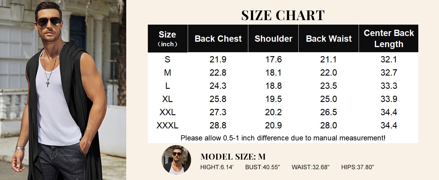 COOFANDY Men's Long Hooded Cardigan Sleeveless Ruffle Shawl Collar Lightweight Open Front Drape Kimono Vest