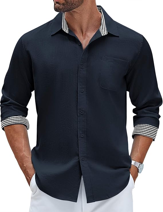 COOFANDY Men's Linen Button Down Shirt Long Sleeve Casual Beach Shirts with Pocket