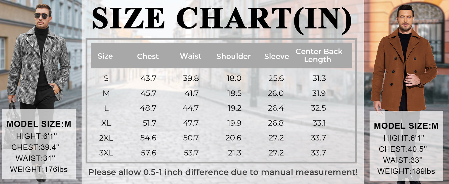 COOFANDY Men's Double Breasted Pea Coat Winter Overcoat Short Trench Coat Notched Collar