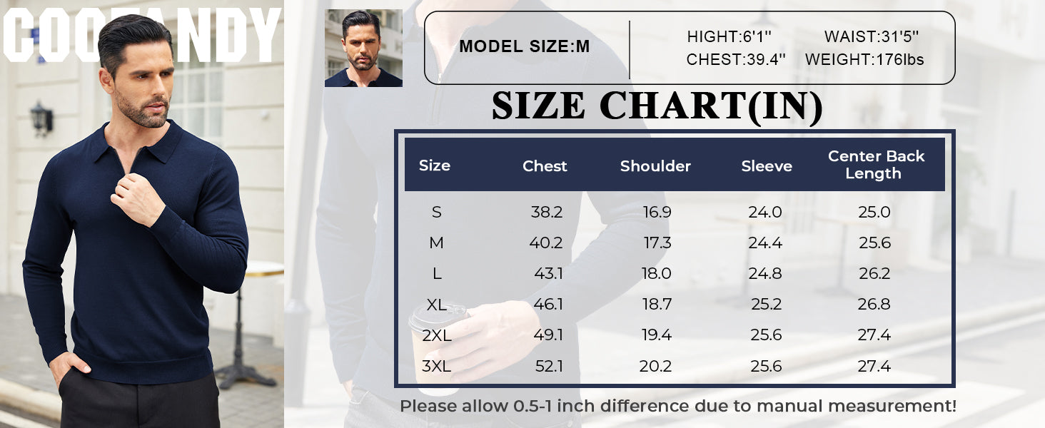 COOFANDY Mens Knit Polo Shirt Quarter Zip Slim Fit Pullover Long Sleeve Sweater Polo